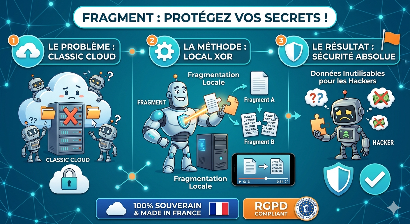 Infographie FRAGMENT — Cloud Data Breach vs Fragmentation XOR locale — 100% Souverain Made in France RGPD Compliant