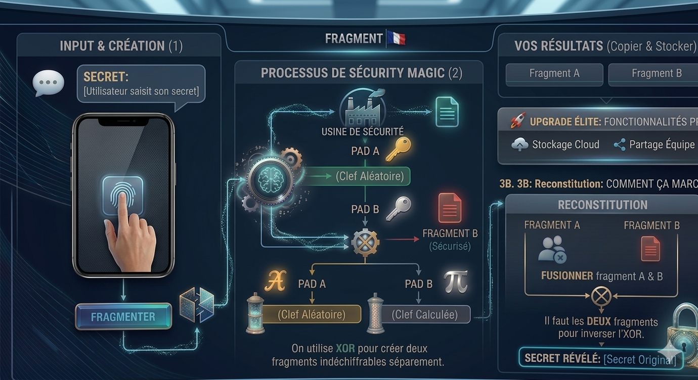 Infographie FRAGMENT — Processus XOR PAD A PAD B Reconstitution Secret