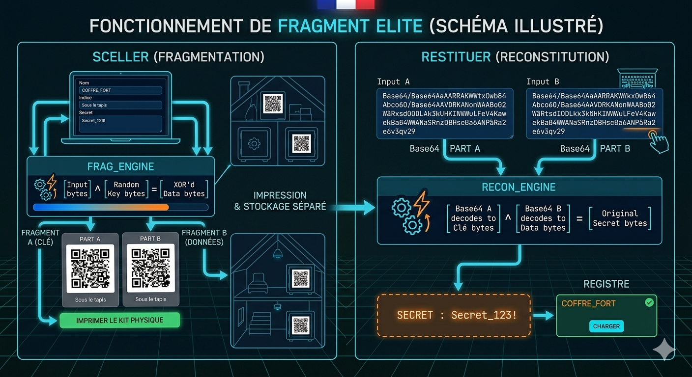 Schéma FRAG_ENGINE RECON_ENGINE Fragment Elite — XOR CSPRNG Fragmentation Reconstitution